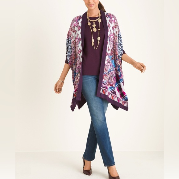 Chico's Women's Floral Plaid Paisley mixed print Ruana Wrap Kimono Boho Size S/M - Picture 3 of 12